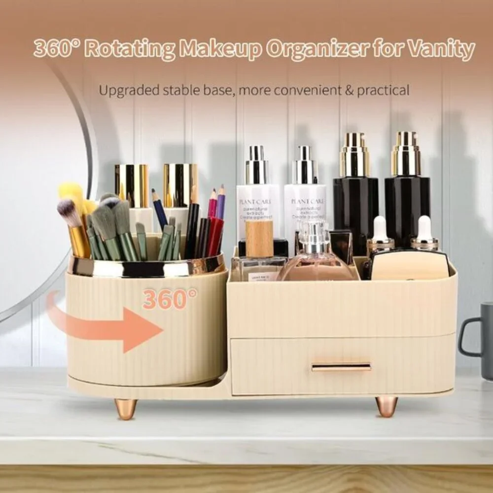 New 360° Rotating Makeup Organizer, Large Rice White Vanity Storage with Drawers